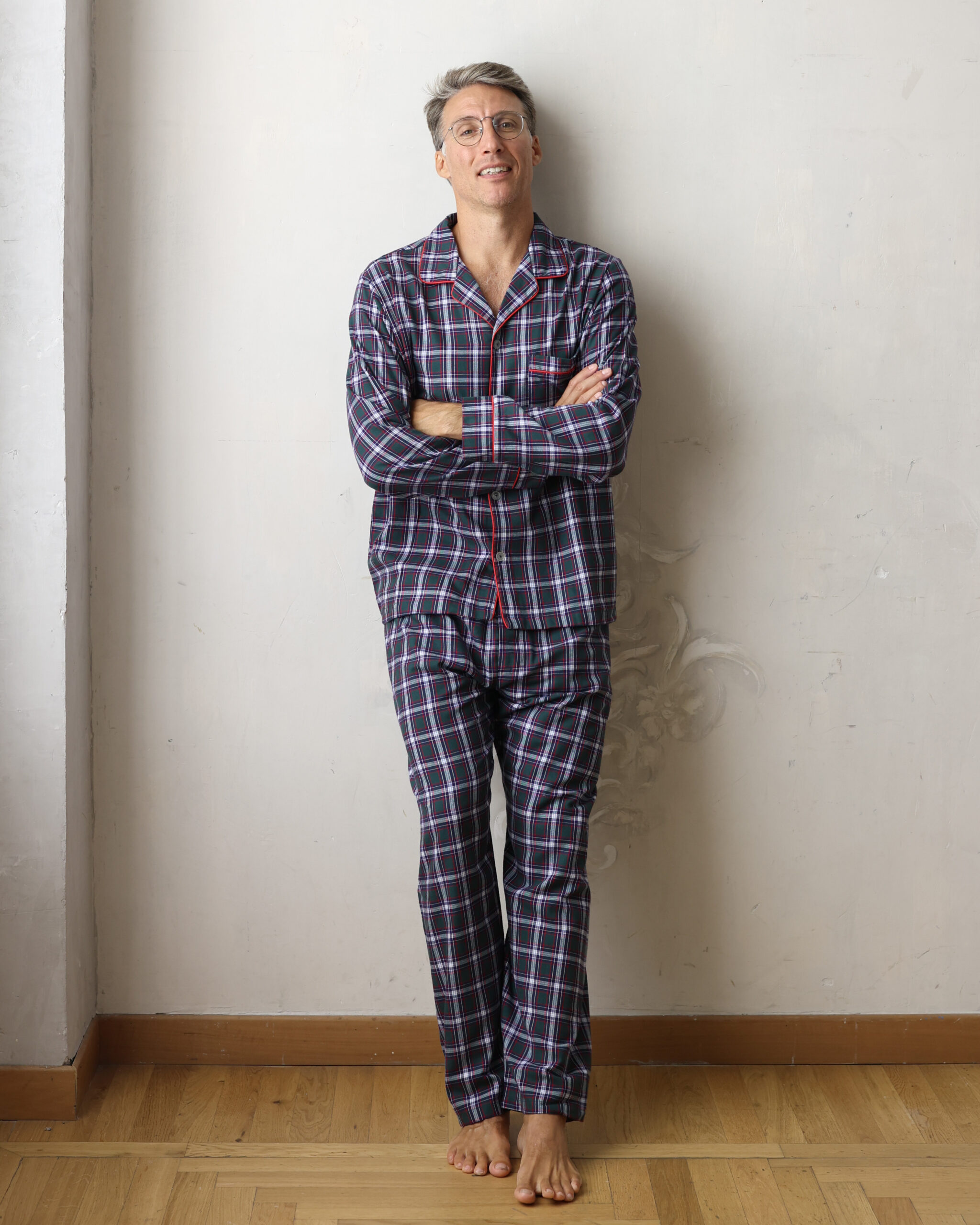 Pigiama Uomo Lungo In Cotone – Quadri Scozzesi Blu E Verde, Con Taschino, Taglie M-XXXL